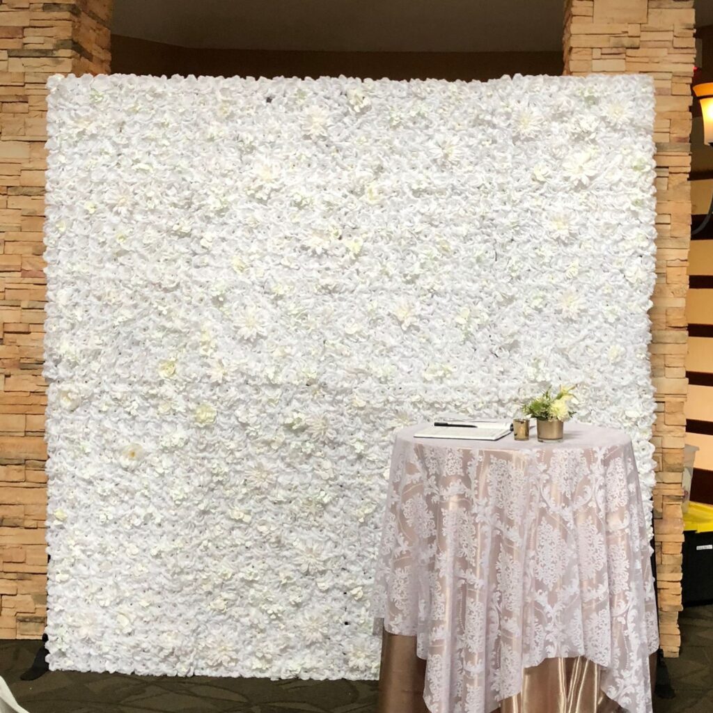 White Champagne Flower Wall Rental